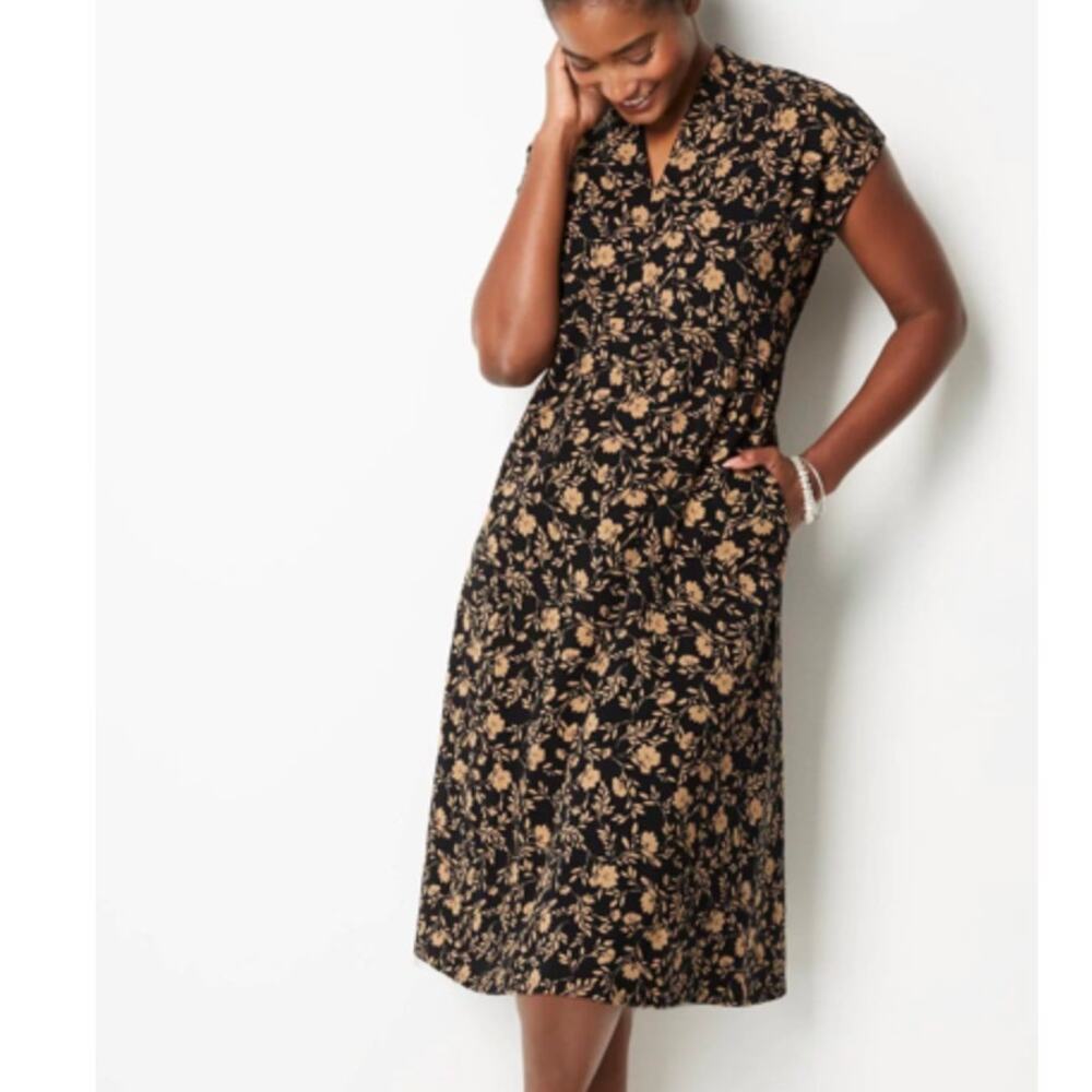 J. JILL Wearever Double-Face Jersey Fit Flare Dress Black Subtle Floral Tan U24 - Picture 2 of 6